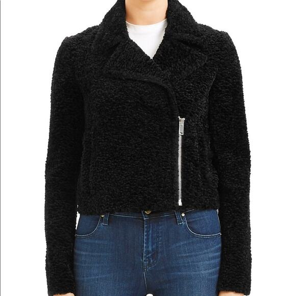 Theory Slim Moto Zip Jacket in Black Embossed Faux Fur Size 0 NWT - Picture 5 of 16